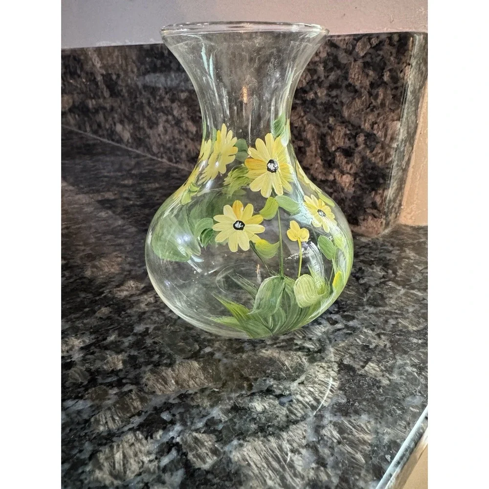 Glass Vase Hand Painted By CHRISTINA‎ SCHNEIDER - 2001 Cute Floral Daisy